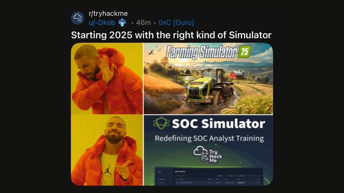 tryhackme's tweet photo. Farming Simulator walked so SOC Simulator could run πββοΈπ
π https://t.co/3qvxVNfryR
If you want to swap tractors for threat detection and crops for compromised credentials, check out TryHackMe's π #SOCSimulator π
Farm logs, analyse traffic, and harvest detections πΎ π https://t.co/aPqUtkQ83f