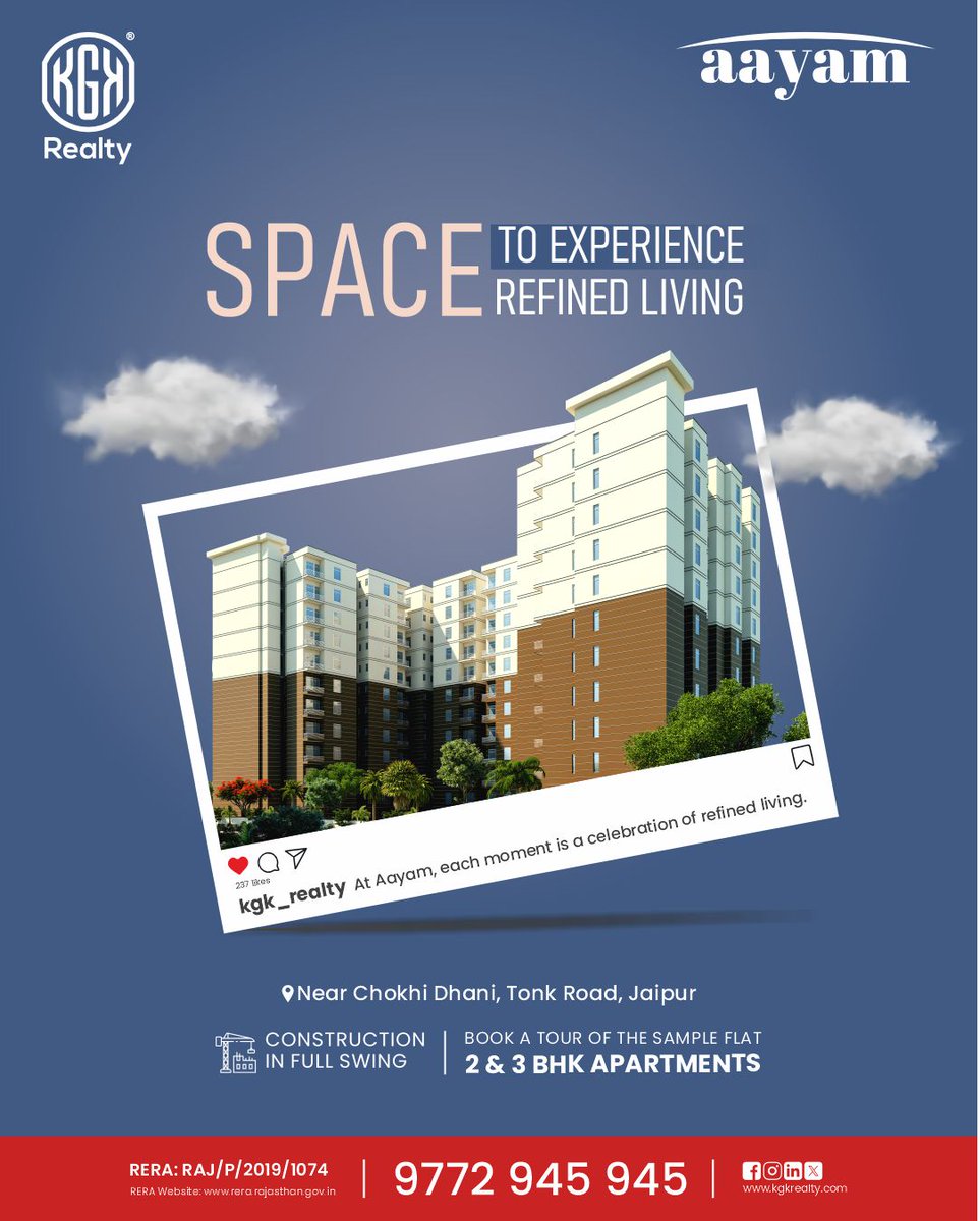 KgkRealty's tweet photo. At Aayam, each moment is a celebration of refined living.
Step into a world where your journey is embraced with care, and your future shines brighter with every passing day.

For more information, feel free to contact us at  9772 945 945

#AayamLiving #KGKRealty #JaipurLiving https://t.co/I79OEKtrfv