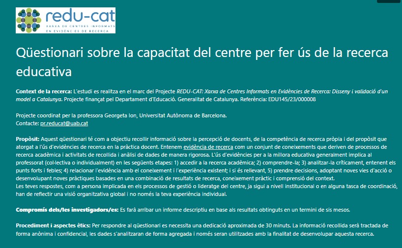 reducat_xarxa's tweet image. S'inicia la recollida de dades amb dos qüestionaris: un per a tot el claustre i un altre per a càrrecs de direcció. Ambdós recullen informació sobre la percepció docent de la competència de recerca i l’ús d'evidències en la pràctica educativa.
