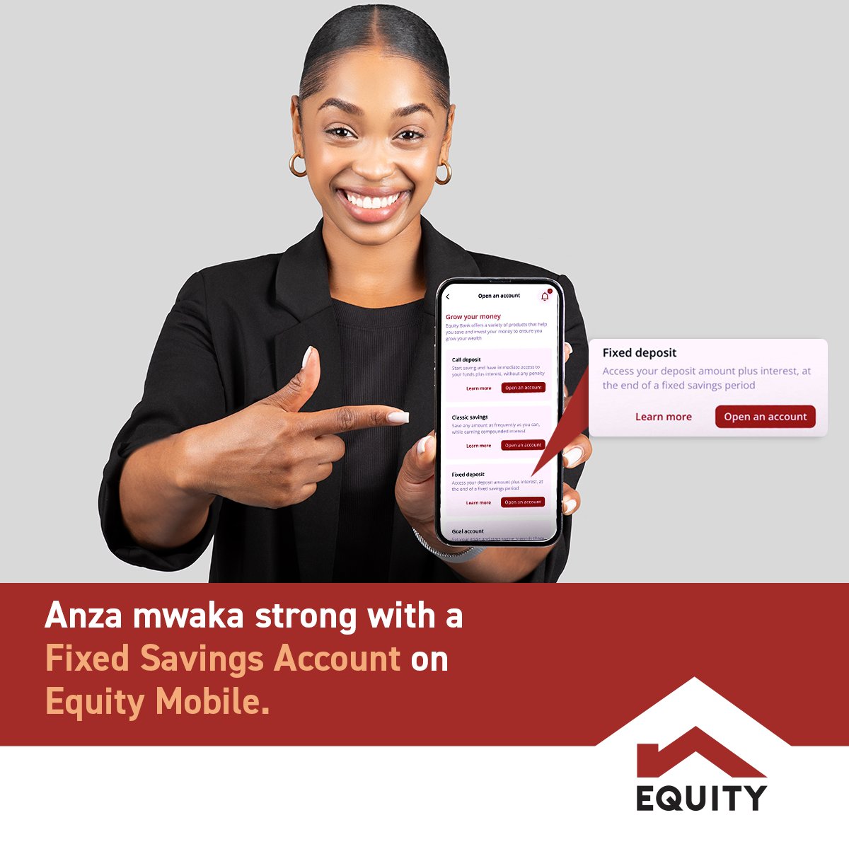 KeEquityBank's tweet photo. Ulisema, na sasa ni saa ya kutenda!
Dreams haziwezi jipa bila effort yako! Fungua Fixed Saving Account kwa Equity Mobile App alafu uanze kusave na kupanga future yako kaa queen m-smart.
#EquitySavings #SaveAndGrow #EquityMobileApp #GetMoreDoMore #EquityFixedSavings https://t.co/oT2oaRTBRm