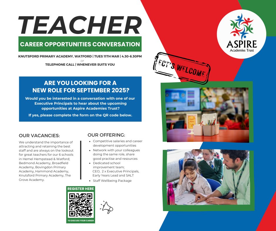 ⭐Are you looking for a new Teaching role for September 2025?

Register today for a career conversation with one of our Executive Principals, and find out more about our Trust, schools and vacancies: forms.office.com/e/nBgqc3CNGE

#Teacher #Jobs #Hertfordshire #ECTs