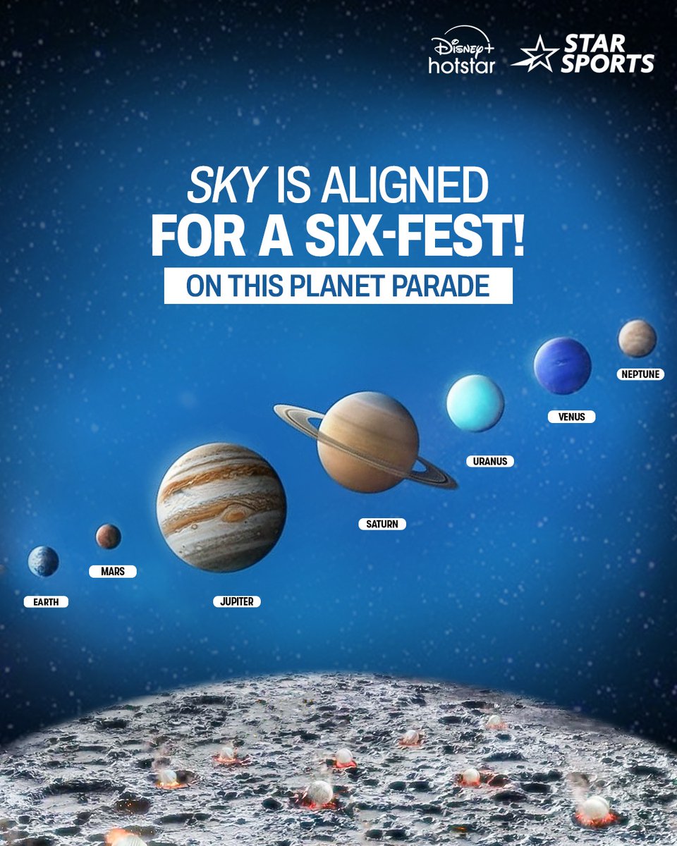 StarSportsIndia's tweet photo. 396 billion years for this #PlanetaryParade, but just seconds for SKYBALL to send balls to the moon! 🚀😁

Are you ready for the six hitting fest between SKYBALL &amp; BAZBALL? 😮‍💨

#INDvENGOnJioStar 👉 1st T20I | WED, JAN 22, 6 PM on Disney+ Hotstar &amp; Star Sports! | #KhelAasmani https://t.co/ffLD5Plm3x