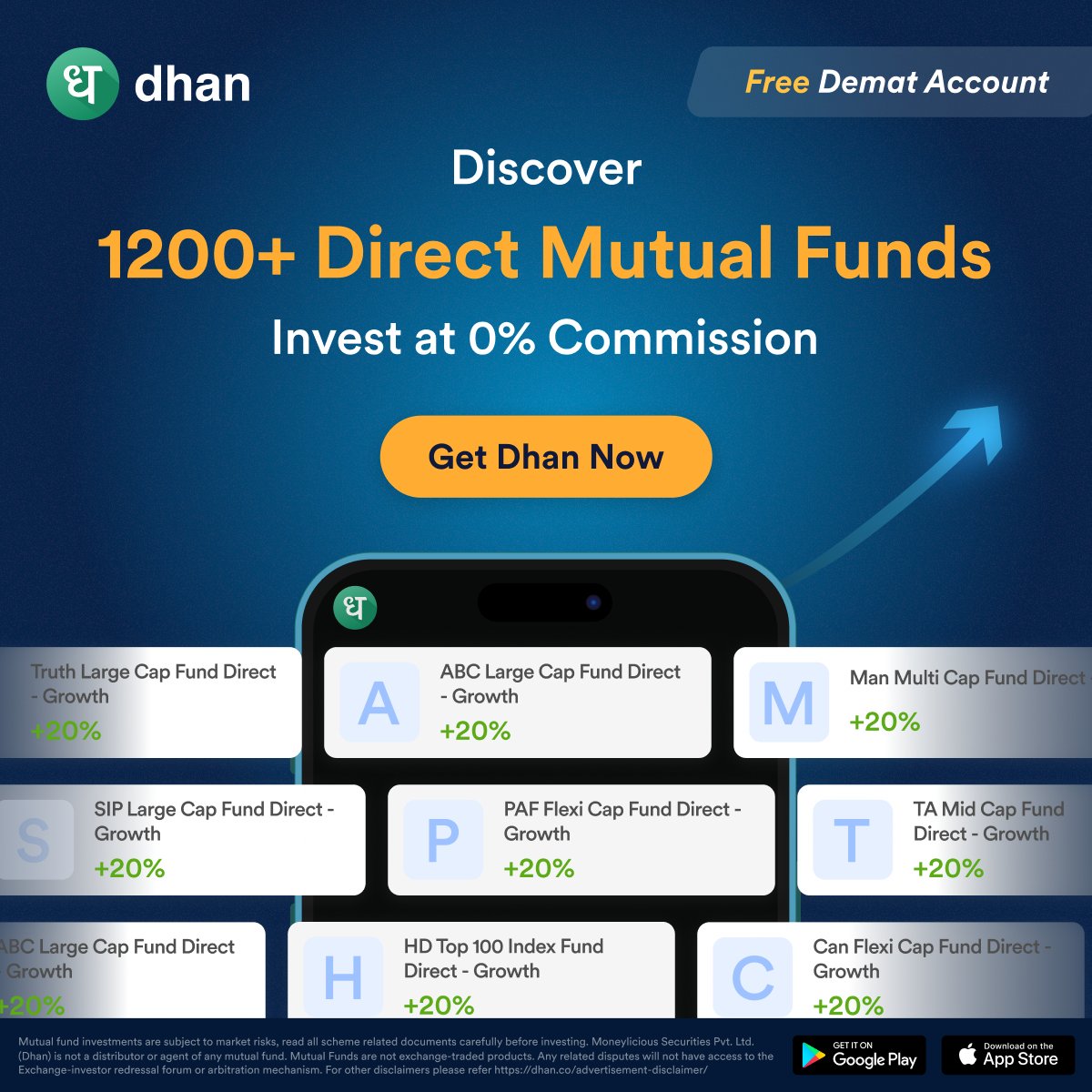 DhanHQ's tweet photo. Invest at 0% Commissions in Mutual Funds on Dhan. 

Open your free demat a/c now!