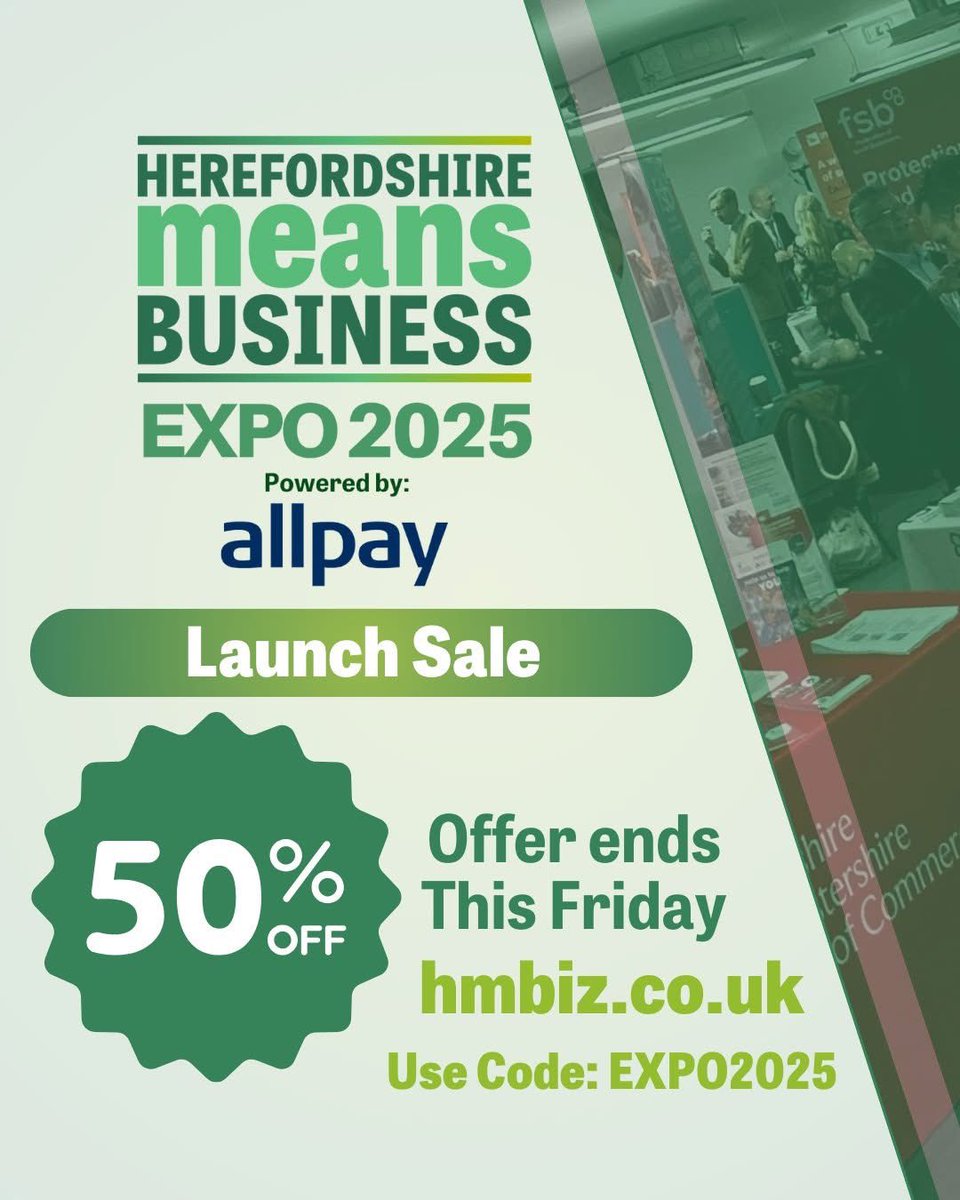 Expo Launch Sale 🚨

Stands for the 2025 edition of the #HMBiz Expo are 50% off until this Friday! 💚

Over 9 years after it's debut in 2016, the Expo is an annual vibrant celebration of the dynamic business landscape within Herefordshire, showcasing innovation, collaboration,