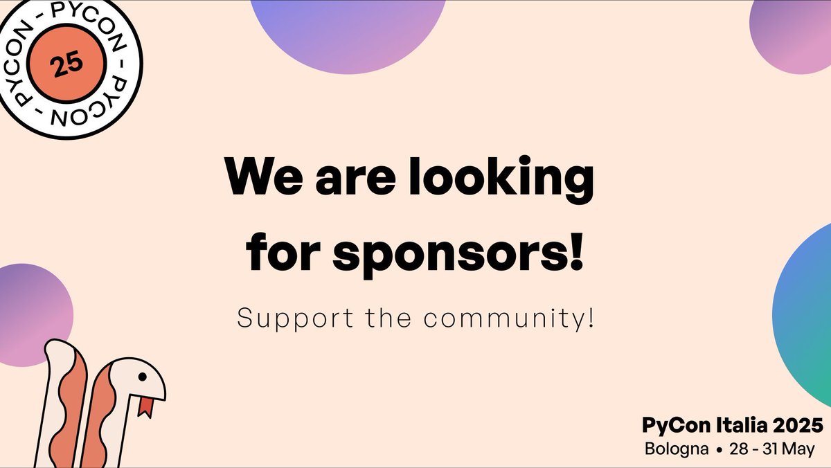 We are looking for sponsors!

Reaching out to your company about sponsoring PyCon Italia is a great way to support the community and help keep the conference accessible to everyone! 🙌 

Get the brochure: buff.ly/3RZSRjb

#PyConIT2025