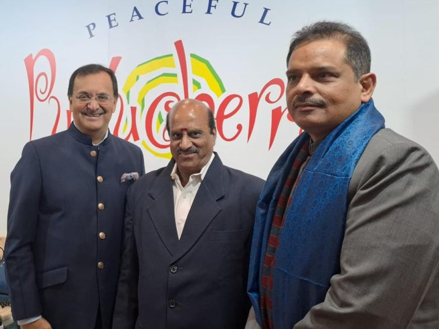 visitpuduvai's tweet photo. Puducherry Participates in FITUR 2025 to Promote Tourism and Handicrafts

The Hon’ble Ambassador, Shri. Dinesh Patnaik, visited the Puducherry Pavilion at FITUR 2025 in Madrid and interacted with the Hon’ble Minister for Tourism, Shri. K. Lakshminarayanan, and officials. https://t.co/SD4yoOYqCh