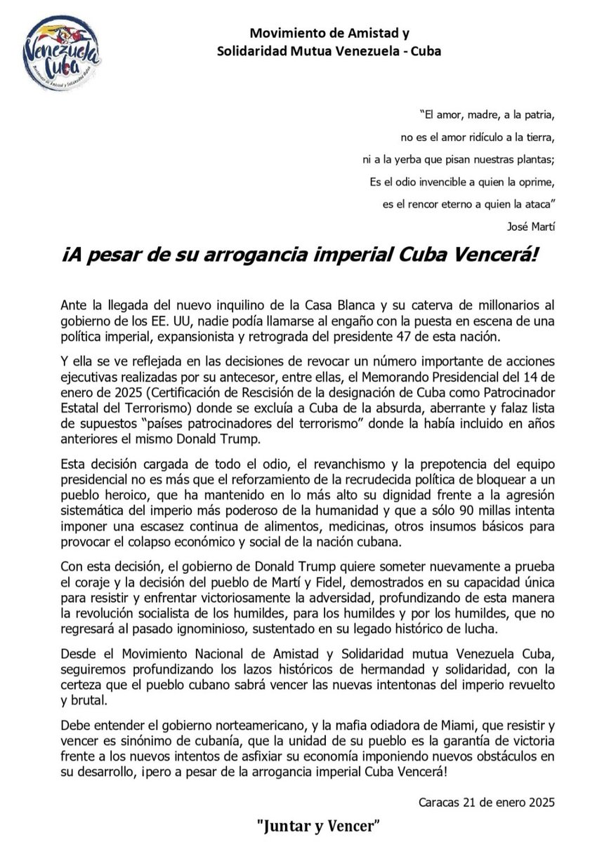 Declaración del Movimiento de Amistad y  Solidaridad Mutua Venezuela-Cuba <a href="/FidelidadACuba/">Con Cuba Fidelidad</a>, en rechazo a la reciente medida del presidente de #EEUU, Donald Trump, de revocar la exclusión de Cuba de la lista de supuestos estados patrocinadores del terrorismo. 
#CubaVencerá ✊