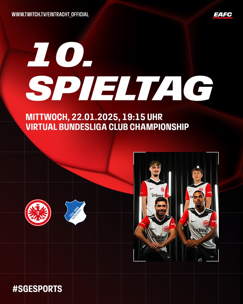 Wir starten heute ins erste Spiel 2025 der <a href="/vbl_official/">VBL | WOW VIRTUAL BUNDESLIGA</a> - einschalten! ⚽ 

⏰ 19:15 Uhr
🆚 <a href="/tsg_esport/">TSG Hoffenheim eSPORTS</a> 
📺 twitch.tv/eintracht_offi…

#SGEsports | #SGE | #VBLCC