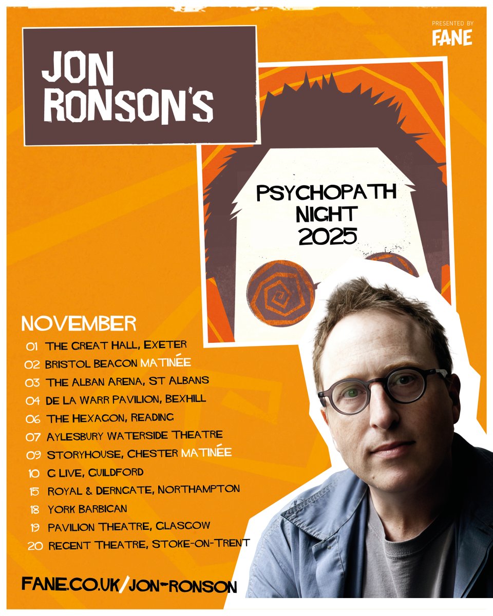 Hey here are some more Psychopath Nights in the UK in November 2025, almost all in places I've never spoken before. My new book is nearly finished and I’ll be switching to that, so this'll prob be the final run, at least for a long time! Link in bio and at fane.co.uk/jon-ronson