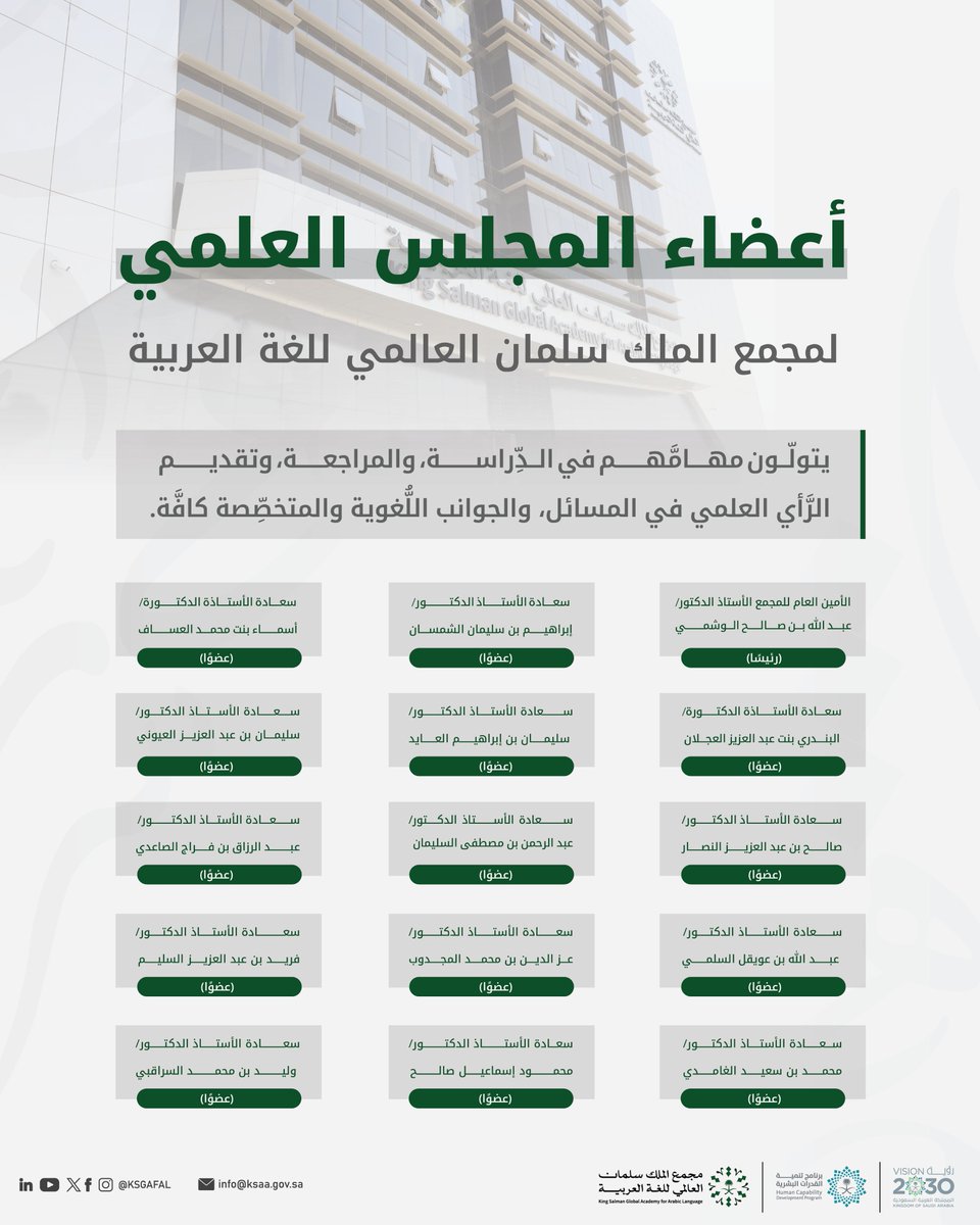 KSGAFAL's tweet photo. تشكيل المجلس العلمي، بموافقة صاحب السمو وزير الثقافة @BadrFAlSaud، رئيس مجلس أمناء
#مجمع_الملك_سلمان_العالمي_للغة_العربية.
#برنامج_تنمية_القدرات_البشرية https://t.co/WZbKBib4mQ