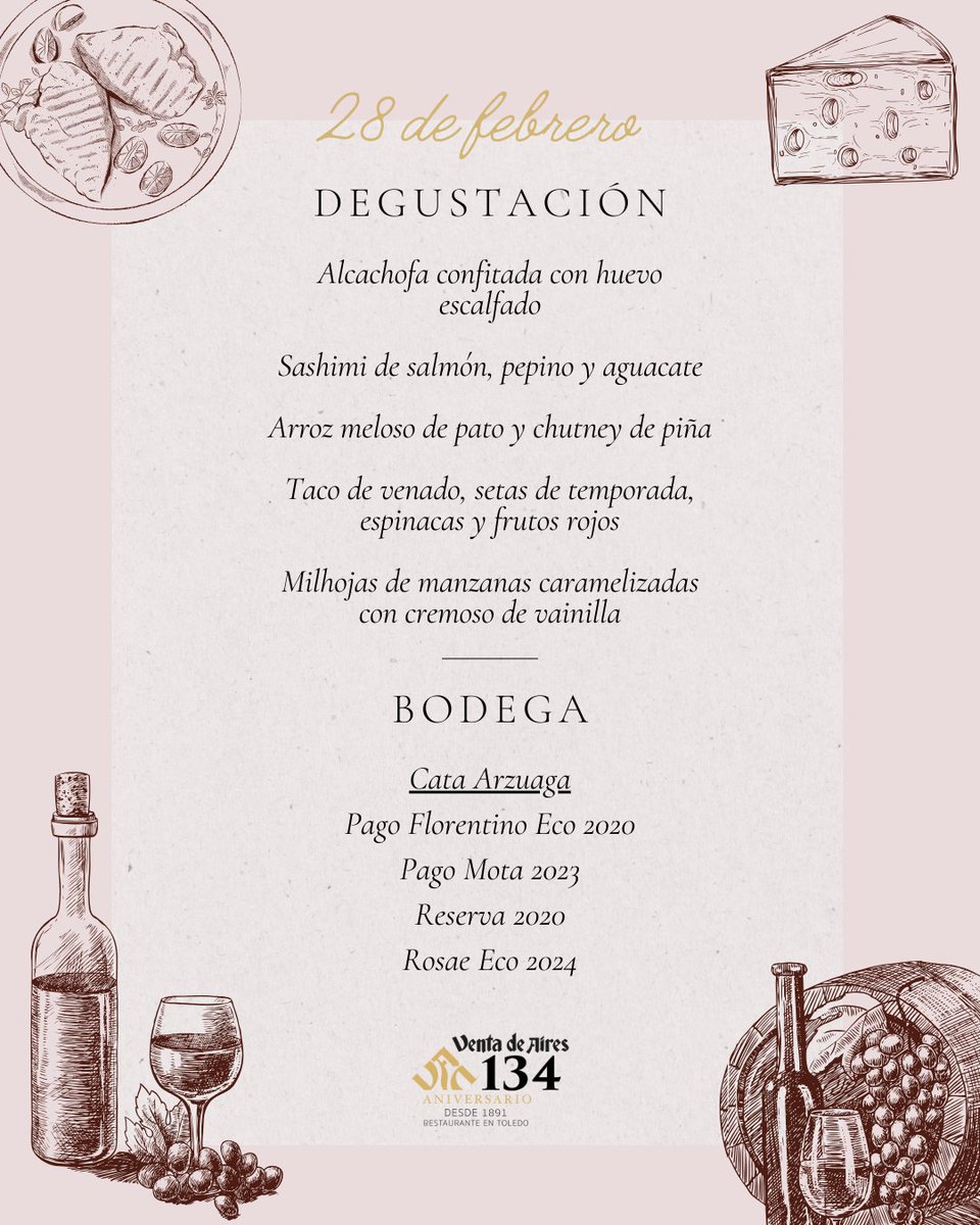 🍷 Sabemos que quieres sorprender a alguien este febrero, no hace falta que busques más. 😉
Venta de Aires ha preparado un plan para cada viernes, para que no haya escusa 🗓️ 
♥️ Cena degustación acompañada de las mejores bodegas de la zona✨ 
No dudes en reservar 👉🏻 925 22 05 45