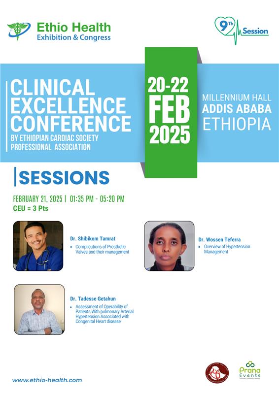 We are excited to announce an upcoming event hosted by the <a href="/SCPEthiopia/">Ethiopian Society of Cardiac Professionals-ESCP</a> 
Don't miss the chance to attend Session on February 21, 2025.

Time: 01:35 PM - 05:20 PM
Venue: Millennium Hall Conference Room 3
Register now to secure your spot:
bit.ly/ecpsconf
