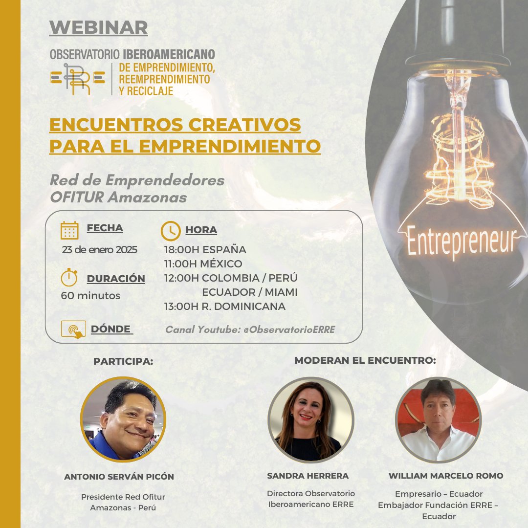 Obs_ERRE's tweet photo. 📌En el próximo Encuentro Creativo estaremos con @ofituramazonas hablando de la red de emprendedores 

🗓️¿Cuándo?  23/1/2025

Podrás unirte a la sesión a través de nuestra página de Youtube 👀

https://t.co/bwVHLnEuC9 https://t.co/xXC37kGCtp