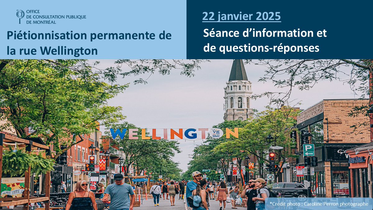 Piétonnisation permanente de la rue Wellington

C'est ce soir qu'a lieu la séance d'information et de questions-réponses!

📅 22 janvier, 19 h à 22 h 
📍 Mairie de Verdun - 4555, rue de Verdun
💻 ocpm.qc.ca/wellington
📞 438 809-7799, dès 18 h 45 - Code : 546 857 6125.