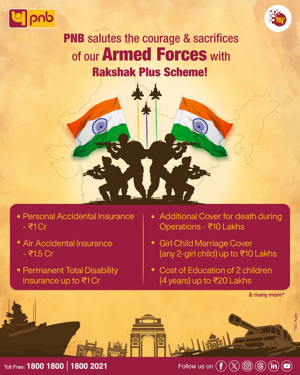 pnbindia's tweet image. PNB Rakshak Plus Scheme offers holistic support for the brave security forces who strive to protect the Nation!

Visit pnbindia.in/pnbrakshaksche… for more info on the scheme.

#RakshakPlus #ArmedForces #DepositScheme #IndianArmy #Banking #PNB