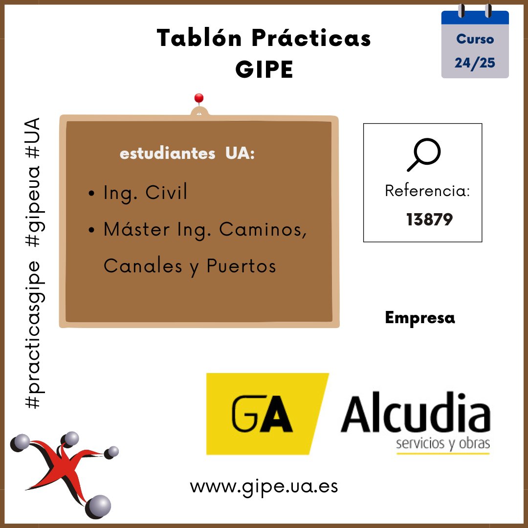 gipeua's tweet photo. Tablón de ofertas de Prácticas: 
Estudiante Grado Ingeniería Civil, Máster de Caminos, Canales y Puertos (Elche) 
https://t.co/pHf93QWKBl 
@EPSAlicante @DEEPSUA @UACivil @dic_ua @delegCaminosUA @UA_Universidad
#practicasgipe #gipeua #UA https://t.co/u9gTkC88tN