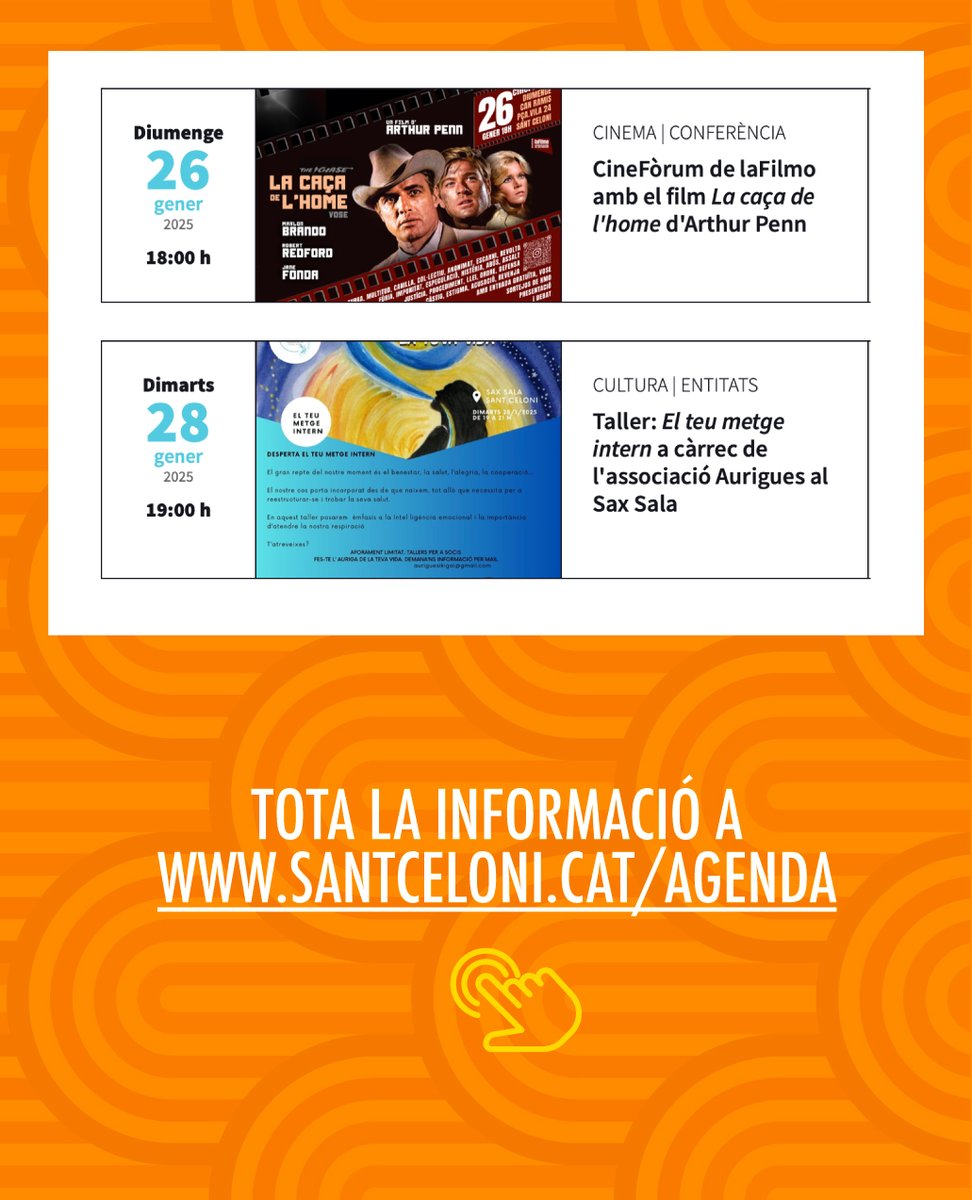 Aquí teniu l’agenda cultural dels pròxims dies a Sant Celoni 📆

Consulteu-ne els detalls a 👉🏻 santceloni.cat/agenda