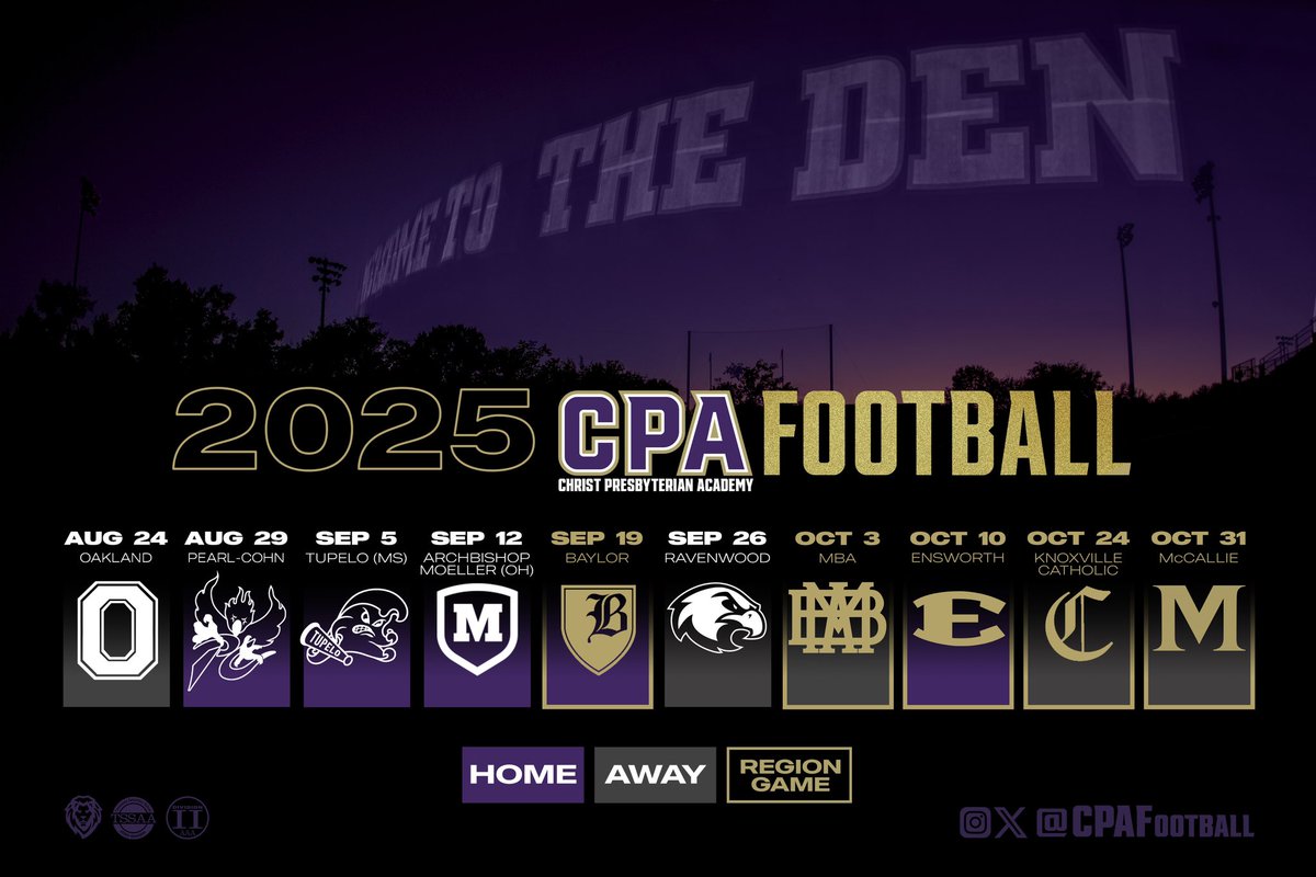 The 2025 🏈 FOOTBALL schedule
1️⃣st season competing in Division III-AAA
5️⃣ DII-AAA region games
4️⃣ first time playing new teams
2️⃣ out of state teams
3️⃣ defending state champions
Homecoming and theme nights TBA at a later date
<a href="/CPAFootball/">CPA Lions Football</a>