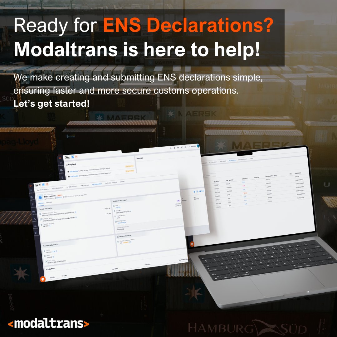 📢 Be Ready for ENS with Modaltrans!

Starting January 31, 2025, ENS (Entry Summary Declarations) will be mandatory for the UK. 📦🚛

Manage your operations effortlessly with Modaltrans and stay ahead of the change!