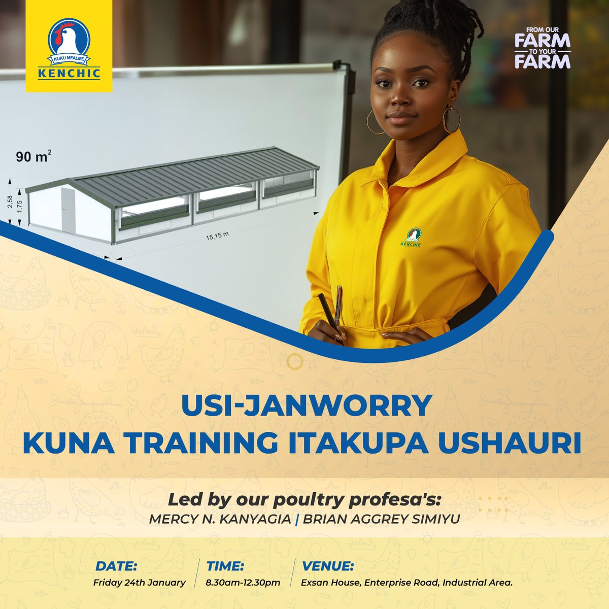Kenchic_Chicks's tweet photo. Grow your poultry farm with better, more effective practices. Join us kwa training yetu this Friday pale Exsan House from 8:30 a.m. to 12:30 p.m. #FridayTrainingSessions #KUKUaNaweFromDayOne https://t.co/VkpB7yZzt0