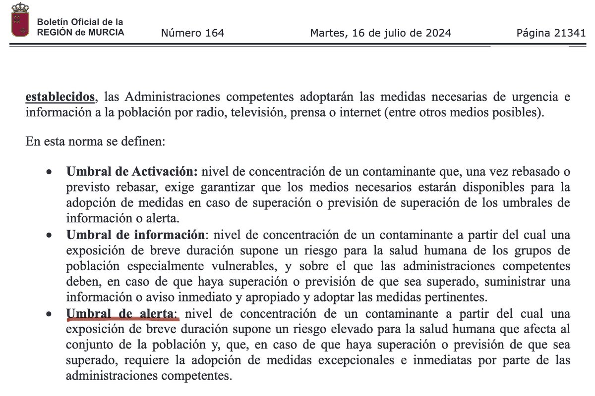 murcia_lab's tweet photo. Traducimos, estamos en umbral de alerta 🚨⚠️ una breve exposición supone un riesgo elevado para el conjunto de la población y se requiere de medidas excepcionales e inmediatas por parte del @AytoMurcia 
¡Exigimos que se activen todas las medidas recogidas en el protocolo! https://t.co/dknayfazuy
