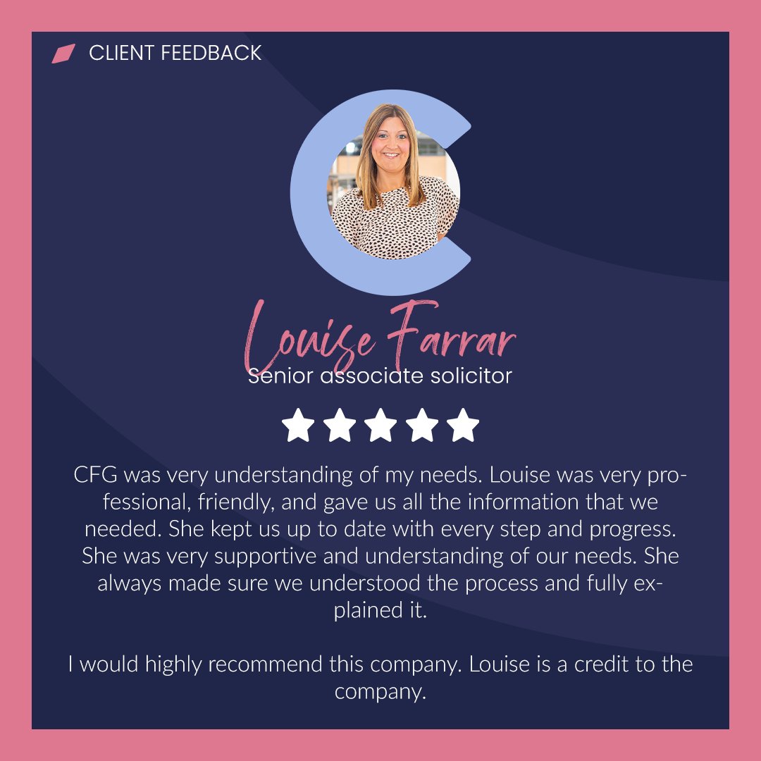 CFG - more than law (@cfgmorethanlaw) on Twitter photo 🌟 Amazing feedback for Louise:
"CFG was very understanding of my needs. Louise was professional, friendly... She kept us informed every step of the way... Louise is a credit to the company!"
Thank you for trusting us – we’re proud to go #MoreThanLaw 💙 🌟 Amazing feedback for Louise:
"CFG was very understanding of my needs. Louise was professional, friendly... She kept us informed every step of the way... Louise is a credit to the company!"
Thank you for trusting us – we’re proud to go #MoreThanLaw 💙
