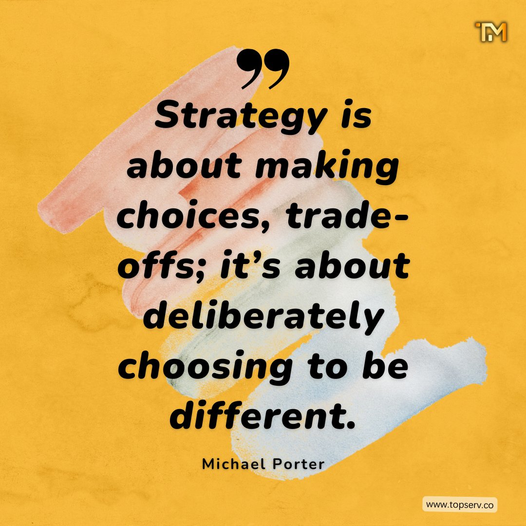 TopservMgmt's tweet photo. Strategy is about making choices, trade-offs; it’s about deliberately choosing to be different. – Michael Porter.

Let's make a difference together!

#WisdomWednesday #StrategicThinking #BusinessGrowth #ConsultingWisdom #LeadershipInsights https://t.co/jKLNfXNACl