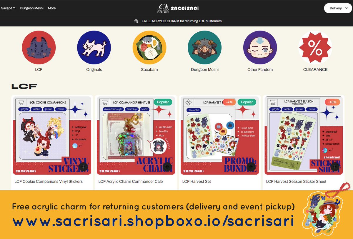 now open for local mail order and event pickup! ✨ 

stuff includes LCF, dungeon meshi, jjk, atla, cats, and sacabambaspis ( ◉▽◉ ) some stocks are running low while others will no longer be restocked once they're gone

deadlines and more info in replies 👇