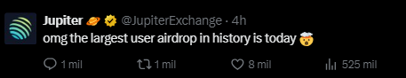 ismeidyfinanzas's tweet photo. Ladies and Gentleman
Están listos para el #airdrop del token $JUP?
El airdrop de @JupiterExchange es el más grande que se entregará en toda la historia del #criptomarket, con 10 millones de wallets calificadas para recibirlo 🤑🥳
Qué harás con los tokens, Staking o venta? https://t.co/eyJFyVb17Y