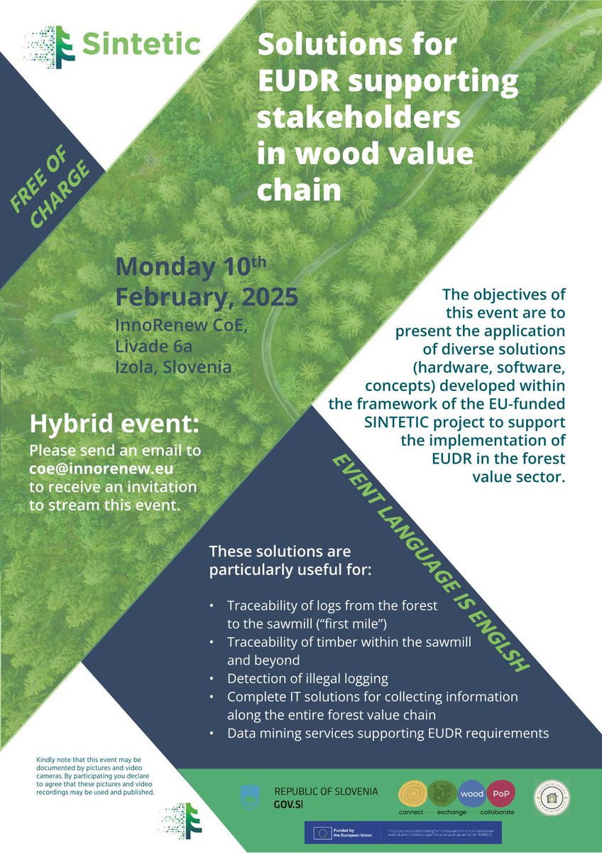 ctforestal's tweet photo. 🤔Are you interested in solutions for EUDR supporting stakeholders in #wood value chain? 
🤝Join us ! 
🗓️Monday 10th February, 2025 (Izola, Slovenia)
or on-line (hybrid event)

📩Registration until February 5th: coe@innorenew.eu
Event language is English
https://t.co/7bG4jA2VDF https://t.co/ghqvgrJFTw