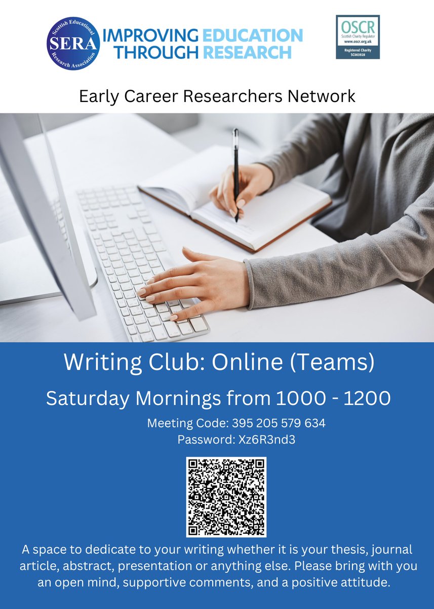 Friendly reminder about our Saturday morning writing club🖋️

Time to dust off the laptop and look at the thesis again! 

Join us for a supportive group of ECRs working on a variety of tasks from 1000-1200 

Join from this link tinyurl.com/54xxphxz