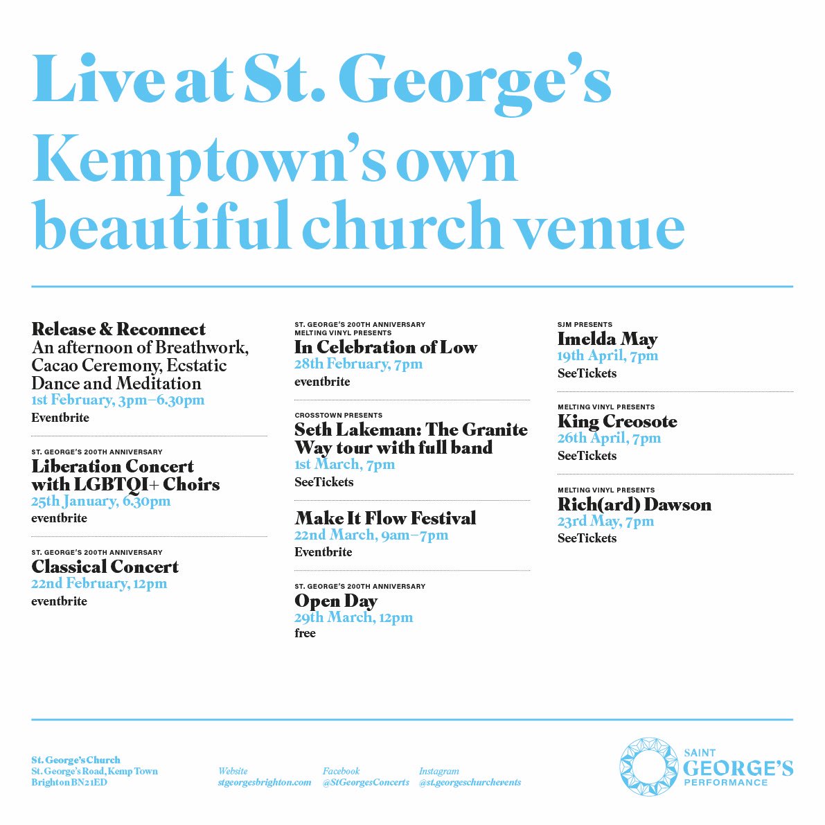 2025: Something for everyone at the newly renovated St Georges: From their 200 years celebration free concerts, to rejuvenating workshops, to stellar touring artists - see the organisation’s website/socials for tickets 🎟 or visit stgeorgesbrighton.com