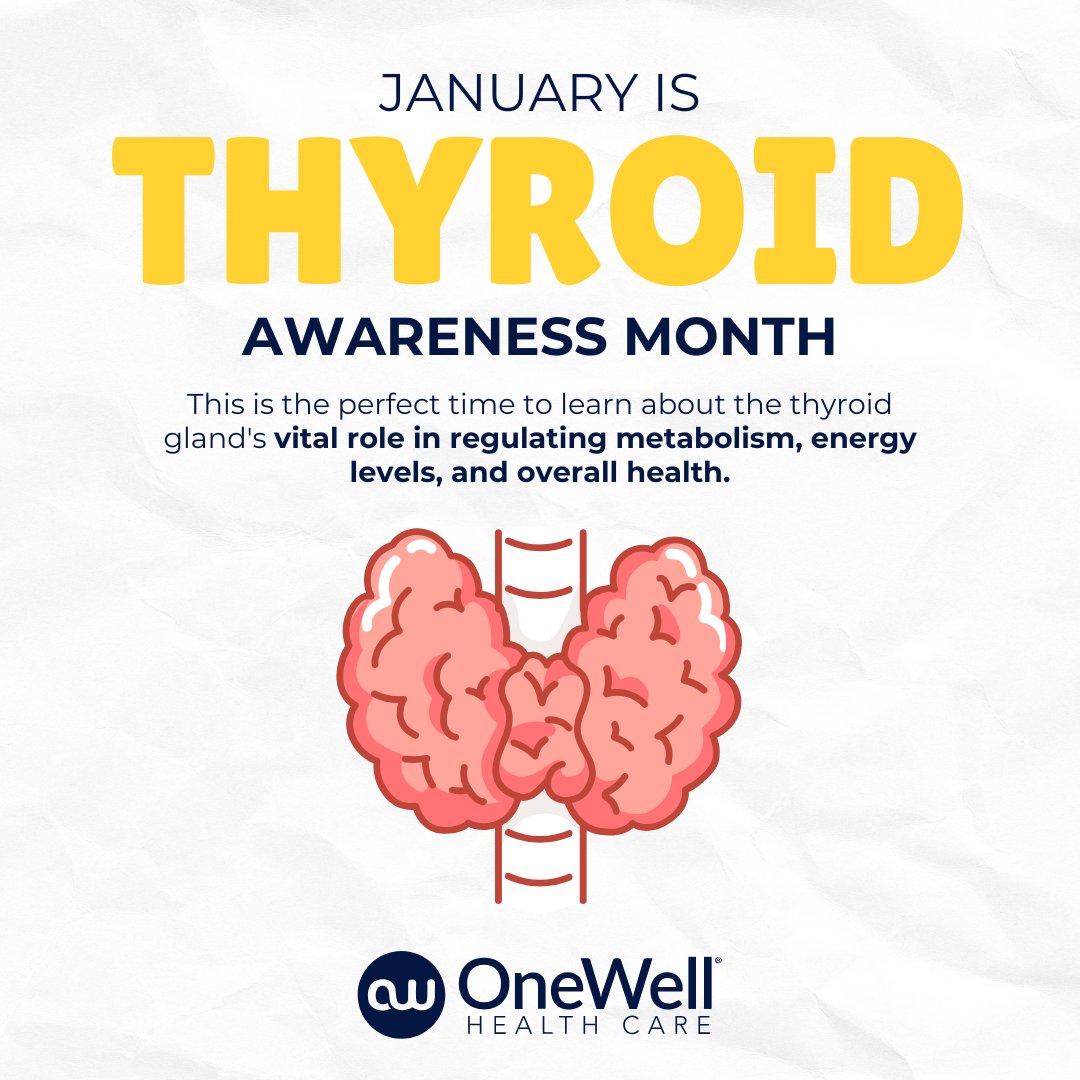 OneWellHealth's tweet image. January is Thyroid Awareness Month! 🧠💛 Did you know your thyroid plays a crucial role in regulating metabolism, energy levels, and overall health? Take this time to learn more about this vital gland and how to keep it healthy. 
#ThyroidAwareness #OneWellHealthCare