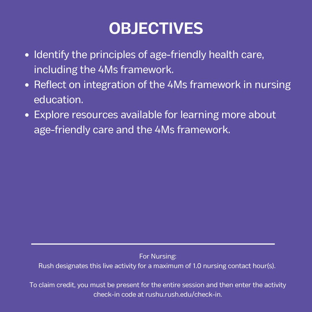 STTI_Gamma_Phi's tweet image. Join us on 01/23 at 12 PM CST to discuss #AgeFriendlyCare and the #4MsFramework in Nursing Education: 

1️⃣ Age-friendly care principles 
2️⃣ Integrating the 4Ms into nursing education 
3️⃣ Resources for age-friendly care 

Link: buff.ly/4h2CGNj 

@SigmaNursing @RushUNursing