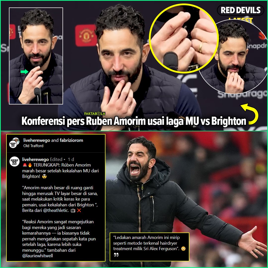 FaktaSepakbola's tweet photo. Momen konferensi pers Ruben Amorim setelah laga Manchester United vs Brighton beberapa waktu lalu. Itu di bagian telunjuk Amorim kenapa kayak ada luka gitu? 😳

Dilansir dari The Athletic (Laurie Whitwell) & akun Fabrizio Romano: Amorim diberitakan sempat marah besar di ruang ganti, hingga membuat TV layar besar rusak, saat mengkritik performa pemain, setelah full time pertandingan MU vs Brighton. 

Teringat era MU dulu, kabarnya banyak pemain terkena metode hairdryer treatment dari Sir Alex Ferguson