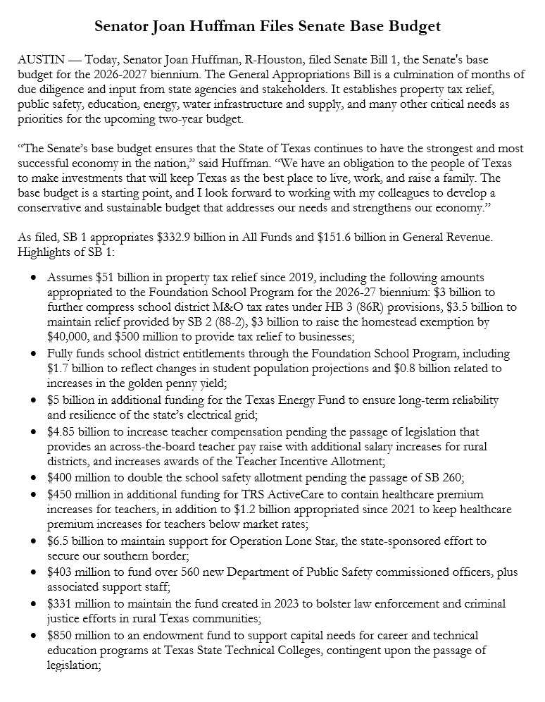 joanhuffman's tweet photo. PRESS RELEASE - Senator Joan Huffman Files Senate Base Budget. #txlege https://t.co/xnY7Gb29tM
