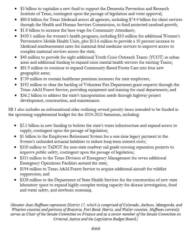 joanhuffman's tweet photo. PRESS RELEASE - Senator Joan Huffman Files Senate Base Budget. #txlege https://t.co/xnY7Gb29tM
