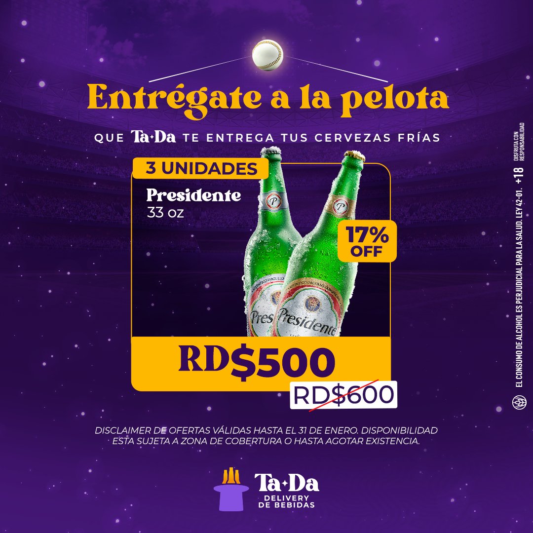Que no se te escape ni un inning, pide tus Presidente para entregarte al juego de hoy, que #TaDaDelivery te entrega tus frías 🍻 #PelotaInvernal
