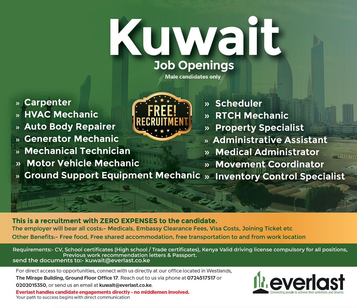 EverlastKenya1's tweet photo. Job Opportunities in Qatar, UAE, and Kuwait!
 
We are recruiting for various positions in these regions. To apply, kindly submit your documents or visit us in person at: 📍 Office Location: Nairobi, Westlands, The Mirage Building, Ground Floor, Office 17. https://t.co/bN1esuraTU