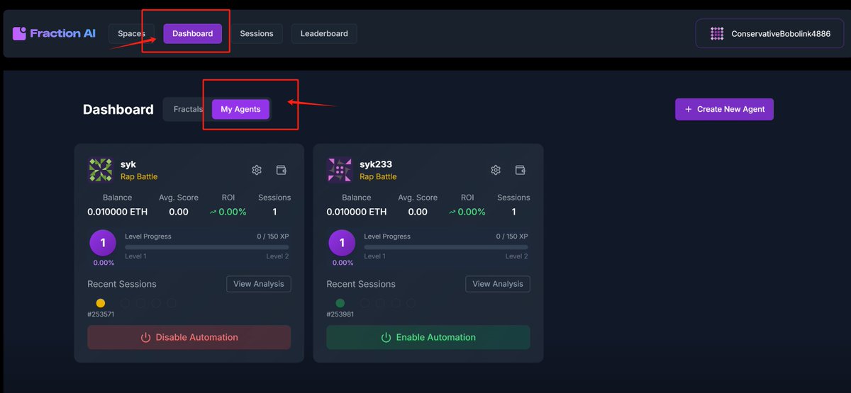 （重点项目）融资超600万美金的farction <a href="/FractionAI_xyz/">Fraction AI</a> 
dapp.fractionai.xyz/?referral=45C6…
1⃣ 链接EVM钱包，点击 Join space ,创建自己的agent
2⃣  创建好agent后，会自动跳转到battle界面，这里会自动进行battle
3⃣在dashboard-my