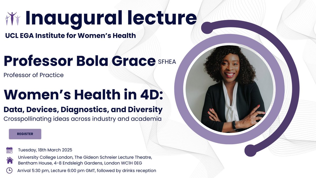 UCL EGA Institute for Women's Health (@ucl_ifwh) on Twitter photo <a href="/UCL_IfWH/">UCL EGA Institute for Women's Health</a> are delighted to announce Professor Bola Grace's Inaugural Lecture on Tuesday 18 March 2025 at 6.00pm GMT.
šLocation: Gideon Schreier Theatre, UCL Bentham House, 4-8 Endsleigh Gardens, London, WC1H 0EG or online.
More info & register hereā¬ļø
buff.ly/3PItNg7 <a href="/UCL_IfWH/">UCL EGA Institute for Women's Health</a> are delighted to announce Professor Bola Grace's Inaugural Lecture on Tuesday 18 March 2025 at 6.00pm GMT.
šLocation: Gideon Schreier Theatre, UCL Bentham House, 4-8 Endsleigh Gardens, London, WC1H 0EG or online.
More info & register hereā¬ļø
buff.ly/3PItNg7