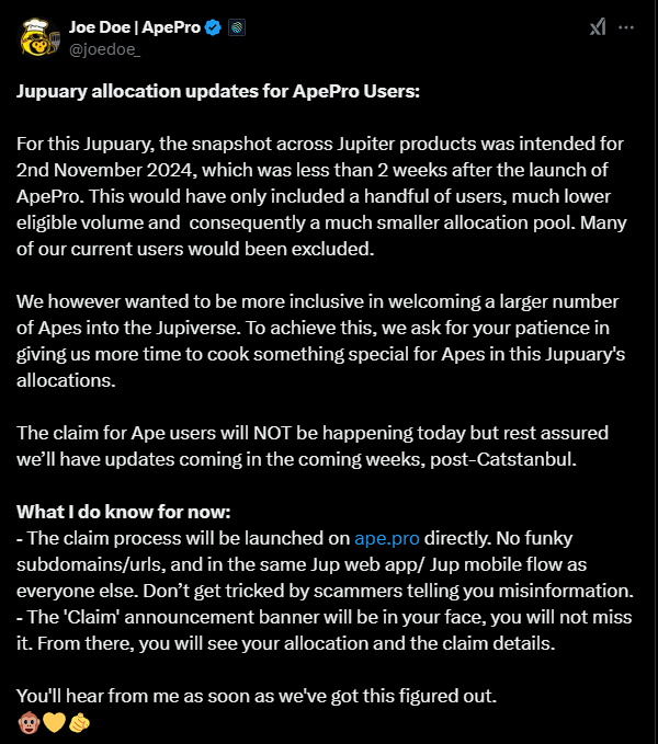 SebMontgomery's tweet photo. the claims for Jupuary airdrop, a gift from @JupiterExchange, goes live at 3:30pm UTC 

@kashdhanda will be live at the J.U.P. rally and guide us through it

here's a few things you should know about it:

1. you need to create a profile with an email id and link your wallets to claim

2. you can link up to 20 wallets with one email, but need to claim for each wallet separately

3. the network may face some congestion immediately after claims begin. no need to be in a rush as you will have 3 months to claim your allocation

4. there will be "claim and stake" option available along with a "claim" option. a subsequent "claim and stake with another wallet" option to go live later, allowing you to stake more $JUP in one wallet for easier voting. this will ship in the next 2 weeks

5. carrots allocation for claiming via @jup_mobile app could not be finalized in time. you can claim with any wallet or browser extension. more details on the carrots allocation will be released later

6. @ApeJupiter users allocation will also be announced after Catstanbul event and is not included in the current claims

7. read this detailed post by @9yointern for details on a few other FAQs. it's in jup;s discord, under "jupuary" channel.
