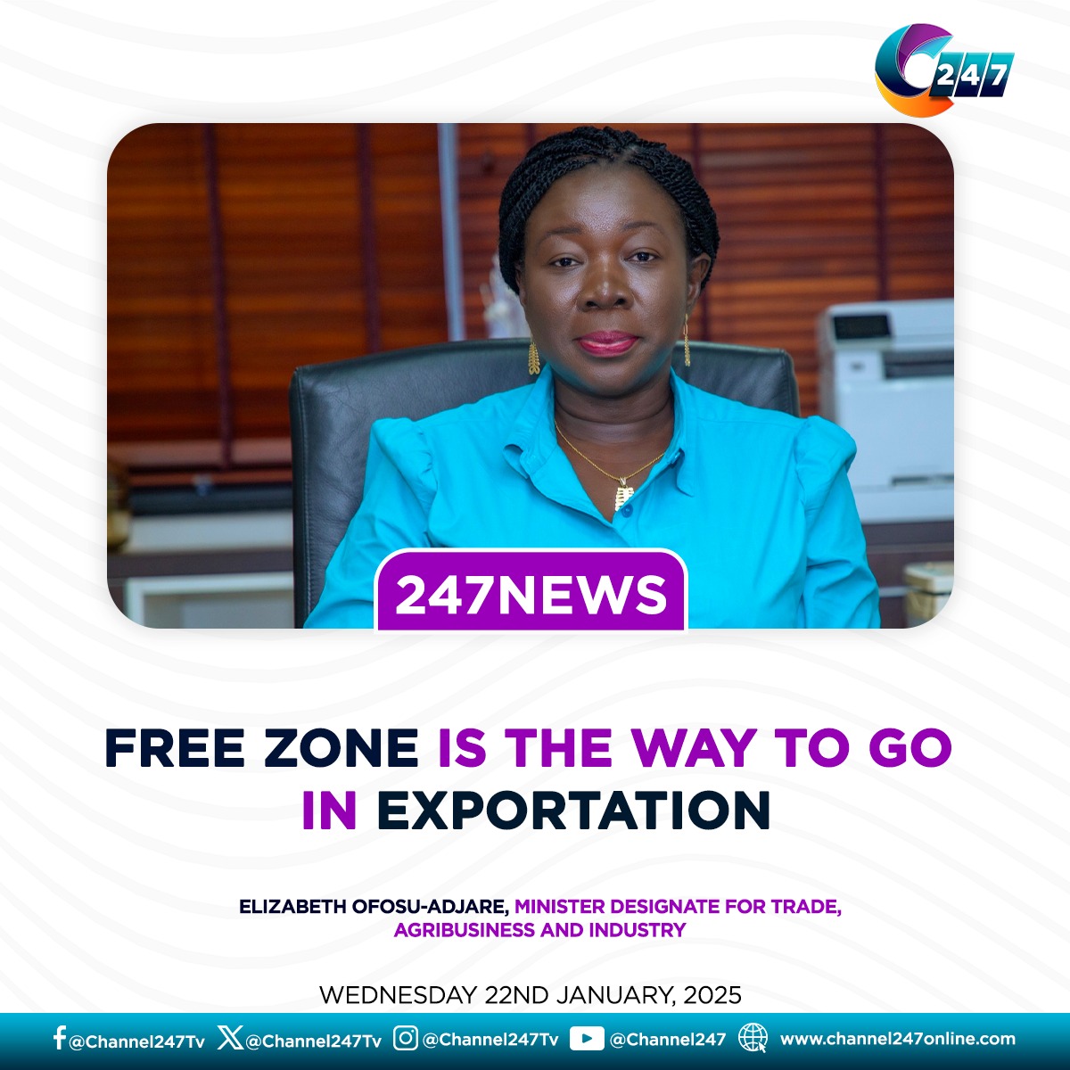 Channel247News's tweet photo. Free zone is the way to go in exportation. – Elizabeth Ofosu-Adjare, Minister-designate for Trade, Agribusiness, and Industry. #Exportation #FreeZone #TradeAndIndustry #EconomicGrowth #Leadership #appolis #channel247 #agnesnaamomolartey https://t.co/YppaexnfS6