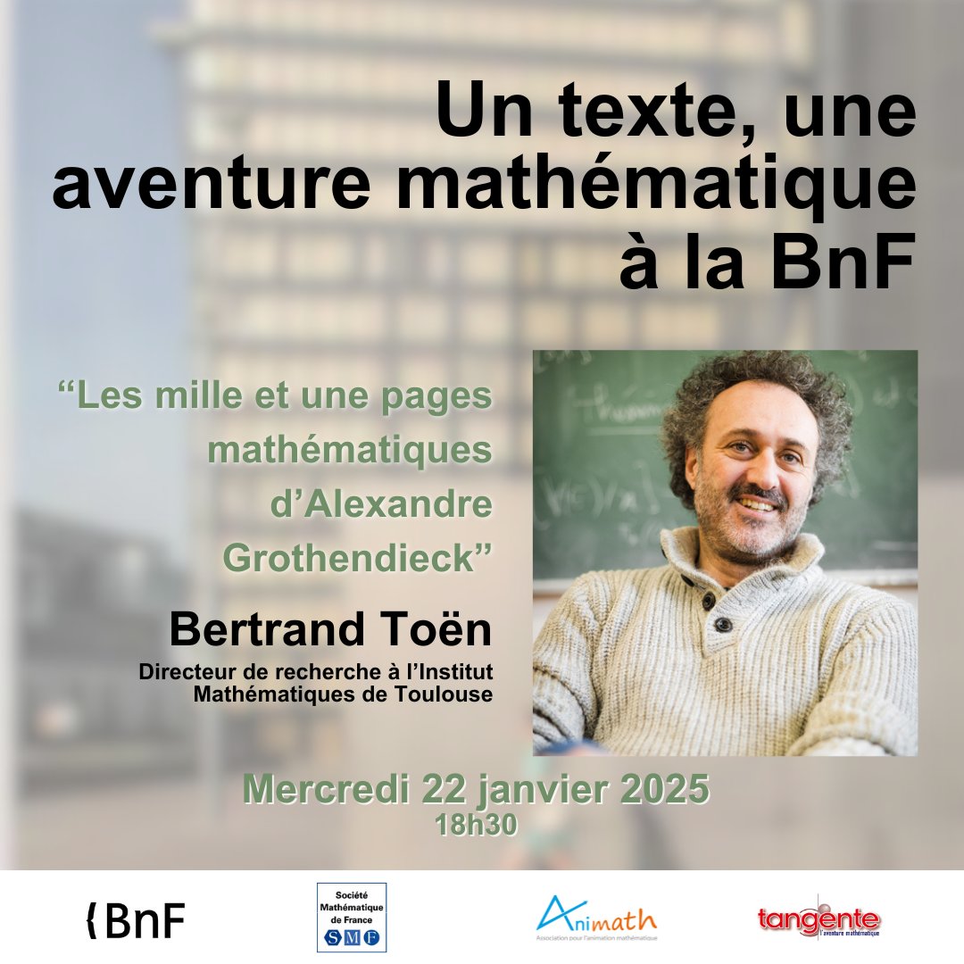 Animath (@asso_animath) on Twitter photo 📢 Coup d’envoi du cycle "Un texte, une aventure mathématique" à <a href="/laBnF/">La Bibliothèque nationale de France</a> !
Bertrand Toën inaugure cette série par une conférence en hommage au célèbre mathématicien Alexandre Grothendieck.🧮✨ 📢 Coup d’envoi du cycle "Un texte, une aventure mathématique" à <a href="/laBnF/">La Bibliothèque nationale de France</a> !
Bertrand Toën inaugure cette série par une conférence en hommage au célèbre mathématicien Alexandre Grothendieck.🧮✨