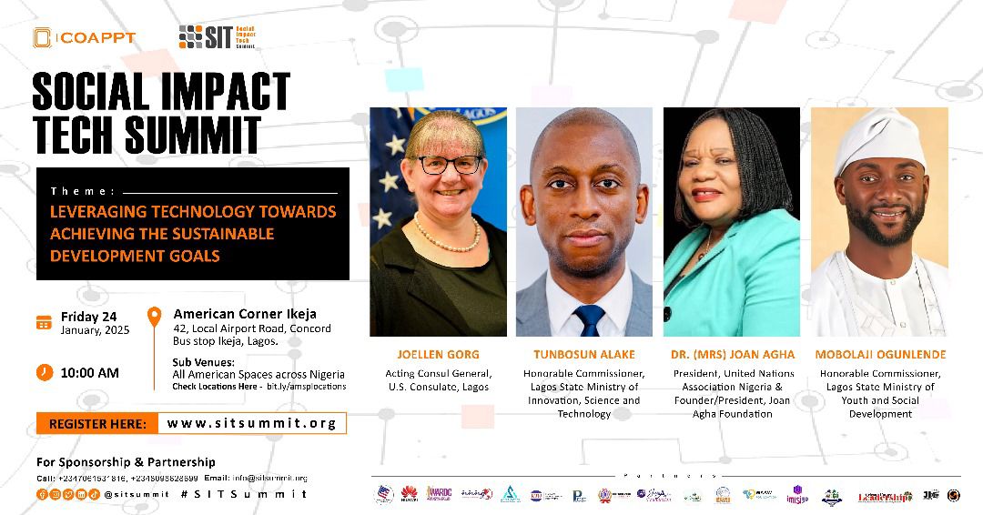 sitsummit's tweet photo. We are super excited to share with you that at the Social Impact Tech Summit we shall be hosting the present of great personalities like

- JoEllen Gorg, Acting Consul General,U.S. Consulate, Lagos.

- Mobolaji Ogunlende,

- Bosun Alake, and

- Dr. (Mrs.) Joan Agha, https://t.co/1jCHwYtxTj