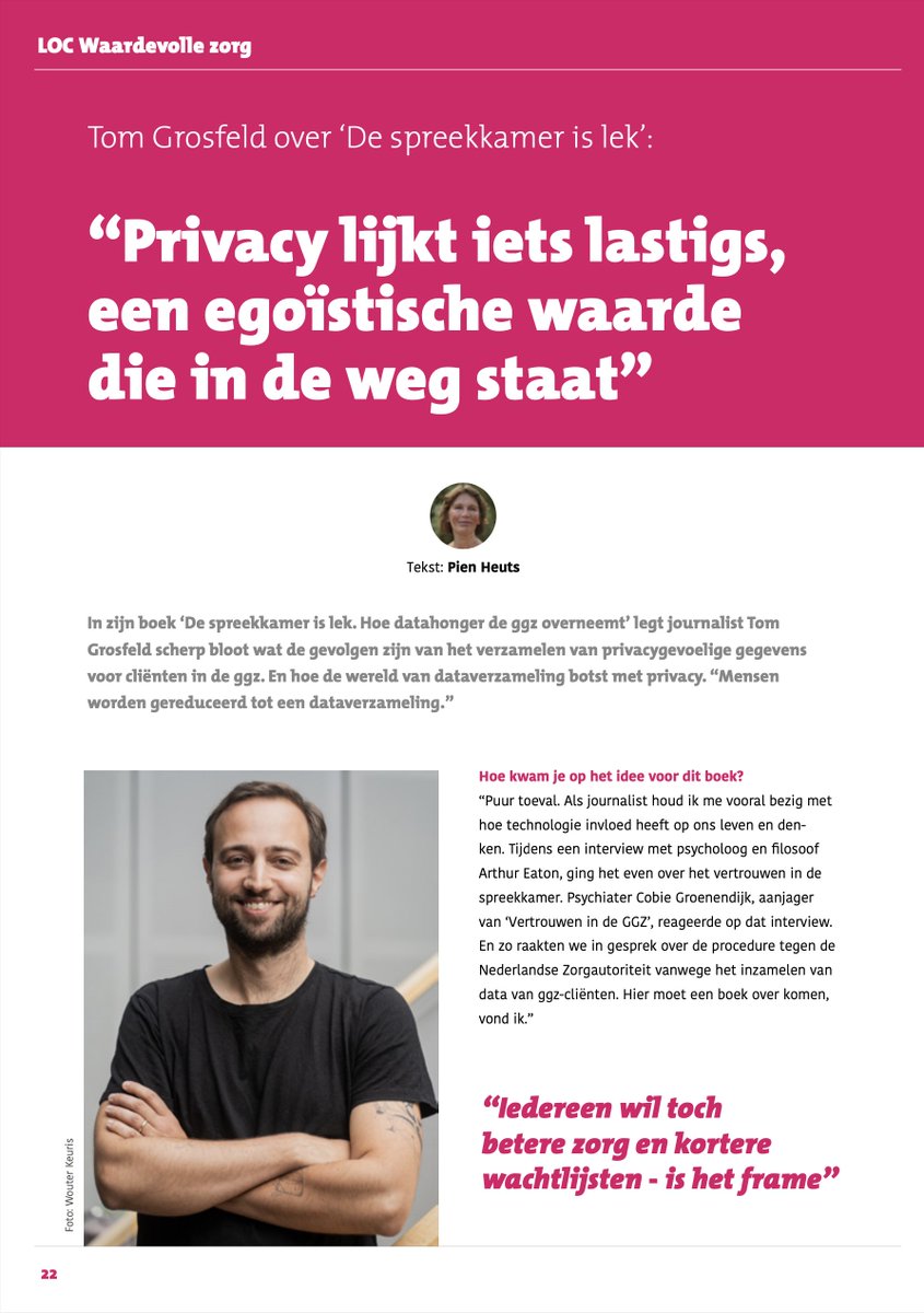 LOCAltijdalsmen's tweet photo. 'Hoe datahonger de ggz overneemt' is de ondertitel van het boek 'De spreekkamer is lek', van journalist @TomGrosfeld over onze actiegroep @vertrouweninggz. In dit interview vertelt hij klip en klaar waar het om draait. 

Hele interview: https://t.co/4O5iJcqmYO https://t.co/UEWUxXfVIM