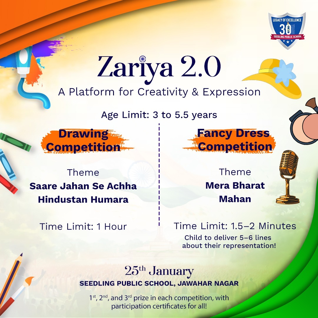 SeedlingSchools's tweet image. 🎉 Zariya 2.0 – A Celebration of Young Talent! 🎭🎨

Let your creativity shine in this fun-filled event featuring a Drawing Competition and a Fancy Dress Competition with patriotic themes!

Click here to sign up!
docs.google.com/forms/d/e/1FAI…

#Zariya2025 #CreativityAndExpression