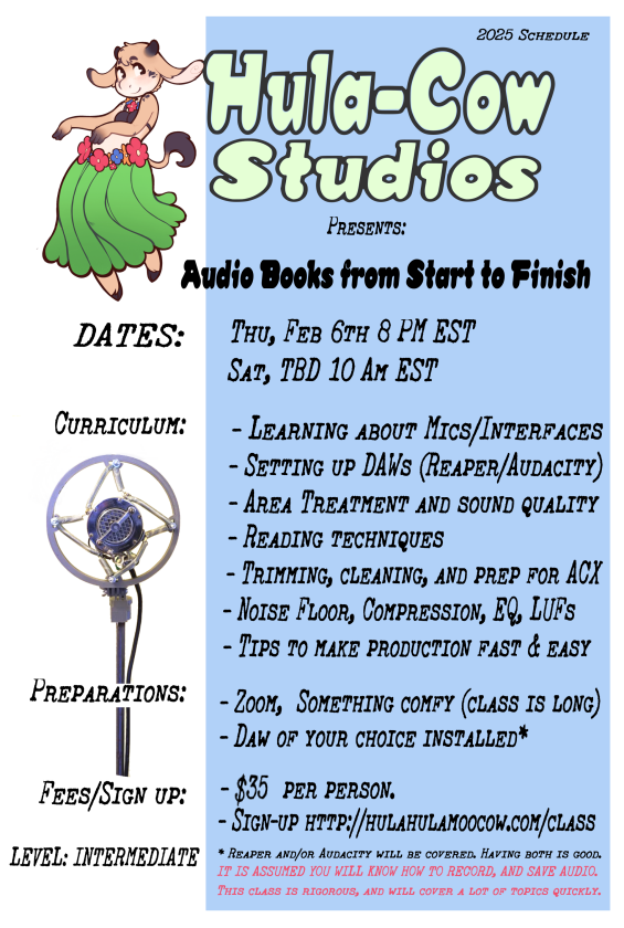 hulahulamoocow.com/audiobookclass…
Wanna be an audiobook narrator?
We're starting up #audiobook #narration classes again! This is an INTERMEDIATE level class and we cover a lot of ground fast, so sign up, bring a tasty beverage, wear something comfy, and have a notepad handy. ; )