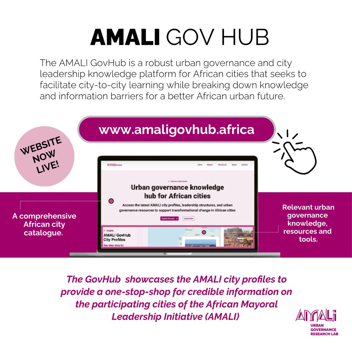 GOVHUB LAUNCH| We are thrilled to announce the launch of the AMALI GovHub, a robust knowledge platform showcasing city leadership and urban governance in Africa.  

Visit: amaligovhub.africa to explore the AMALI yearbooks, city profiles and more.