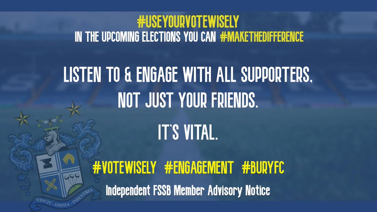 IndFSSB's tweet image. As the voting timetable becomes clearer, its imperative that we all look at the statements and really check that we are voting for people who will #makethedifference and be the best #BuryFC elected members. It's not just about recognisable names but people who have the ability…